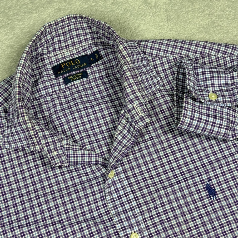 Polo Ralph Lauren Button Down Mens L Purple Gingham Plaid Stretch Cotton Shirt